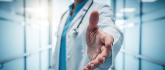 Image of medical person reaching for a handshake