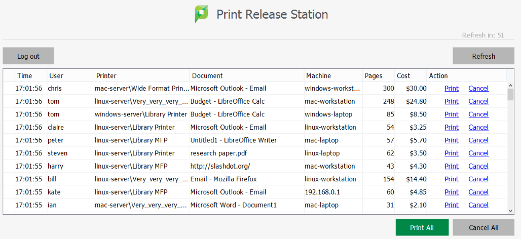 Image of Print Release Station Screen