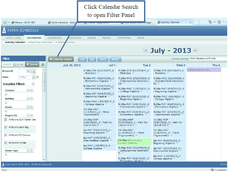 Click Calendar Search to open Filter Panel