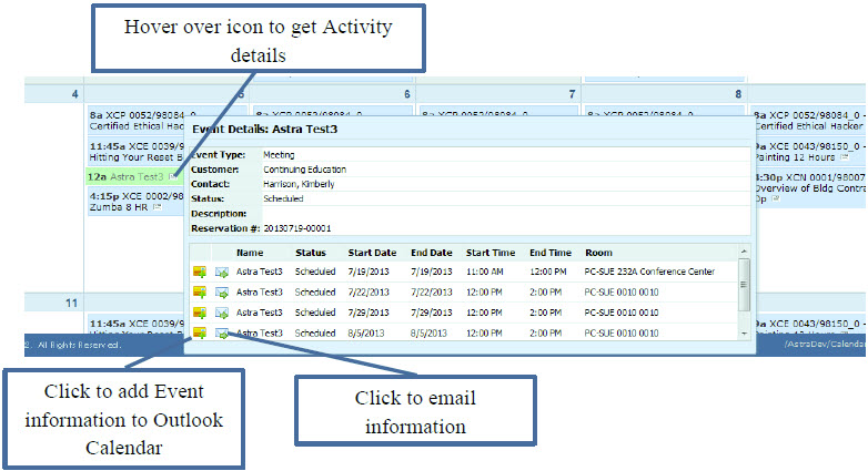 Event Details: Hover over icon to get Activity details, Click to add Event information to Outlook Calendar, Click to email information