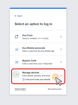 Image of select an option to login in - manage devices