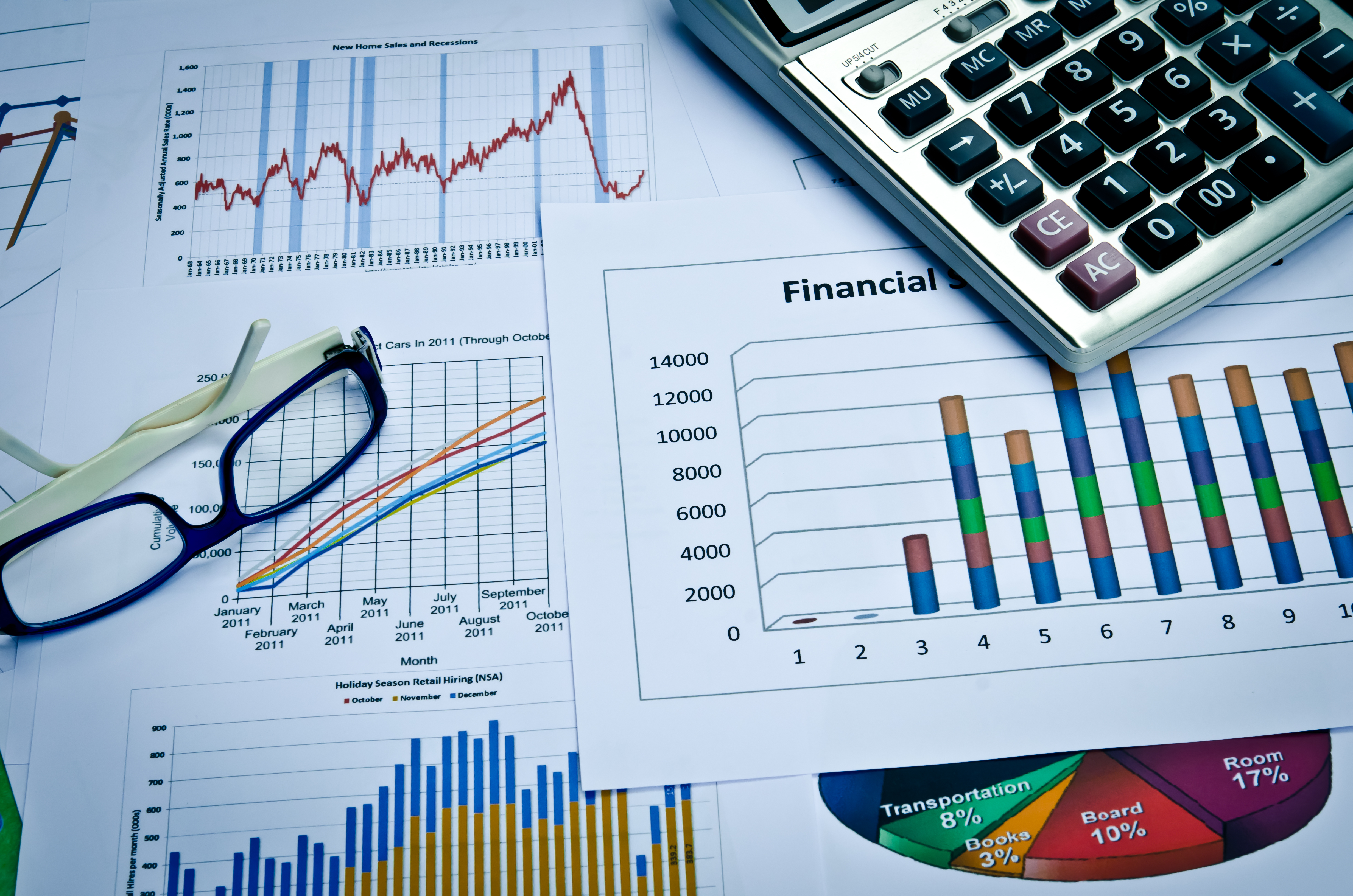 Image of Calculator, eye glasses and charts